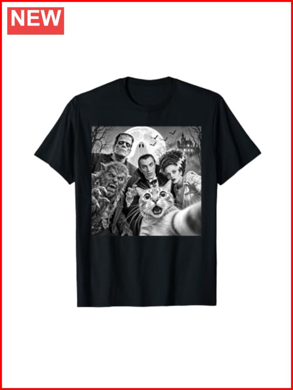 Funny Cat Selfie Retro Horror Movie Monsters Halloween T-Shirt